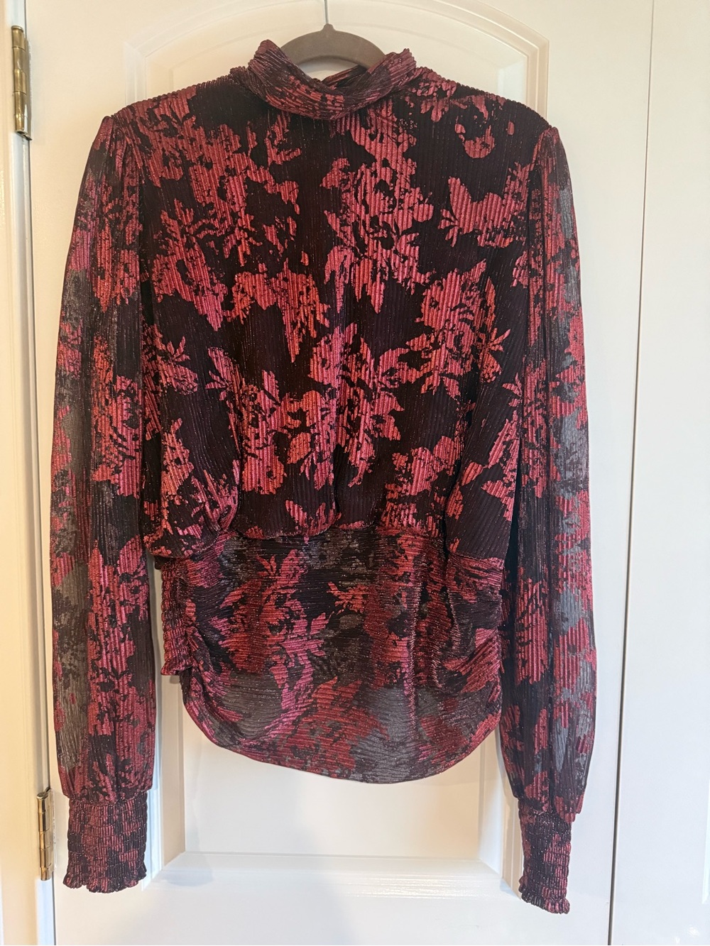 J by Joie Floral Pleated Long-Sleeve Metallic Blouse in Black & Fuchsia, L, NWOT